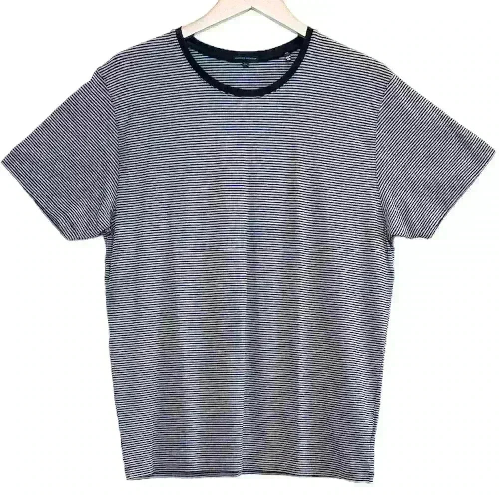 🌈 6/$60, Patrick Assaraf Navy Blue, Grey, Crew Neck T-Shirt, Stripes, Size XL